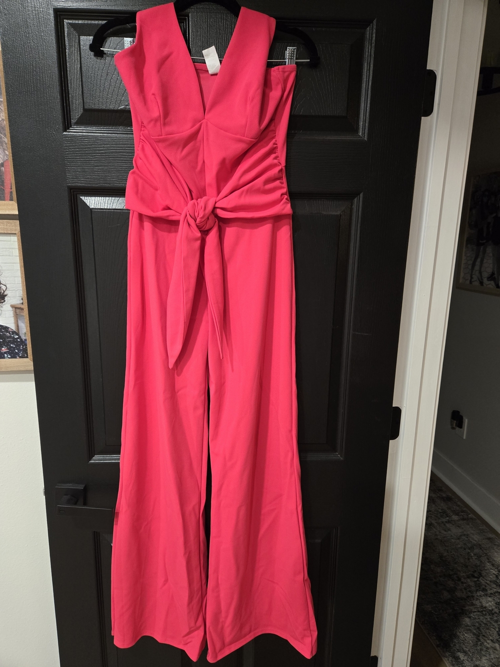 Sleeveless Hot Pink V-Neck Wide-Leg Jumpsuit with Waist Tie